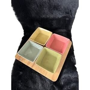 Square Bamboo Serving Board & 4 colored ceramic square dishes, ramakins, 5 pc